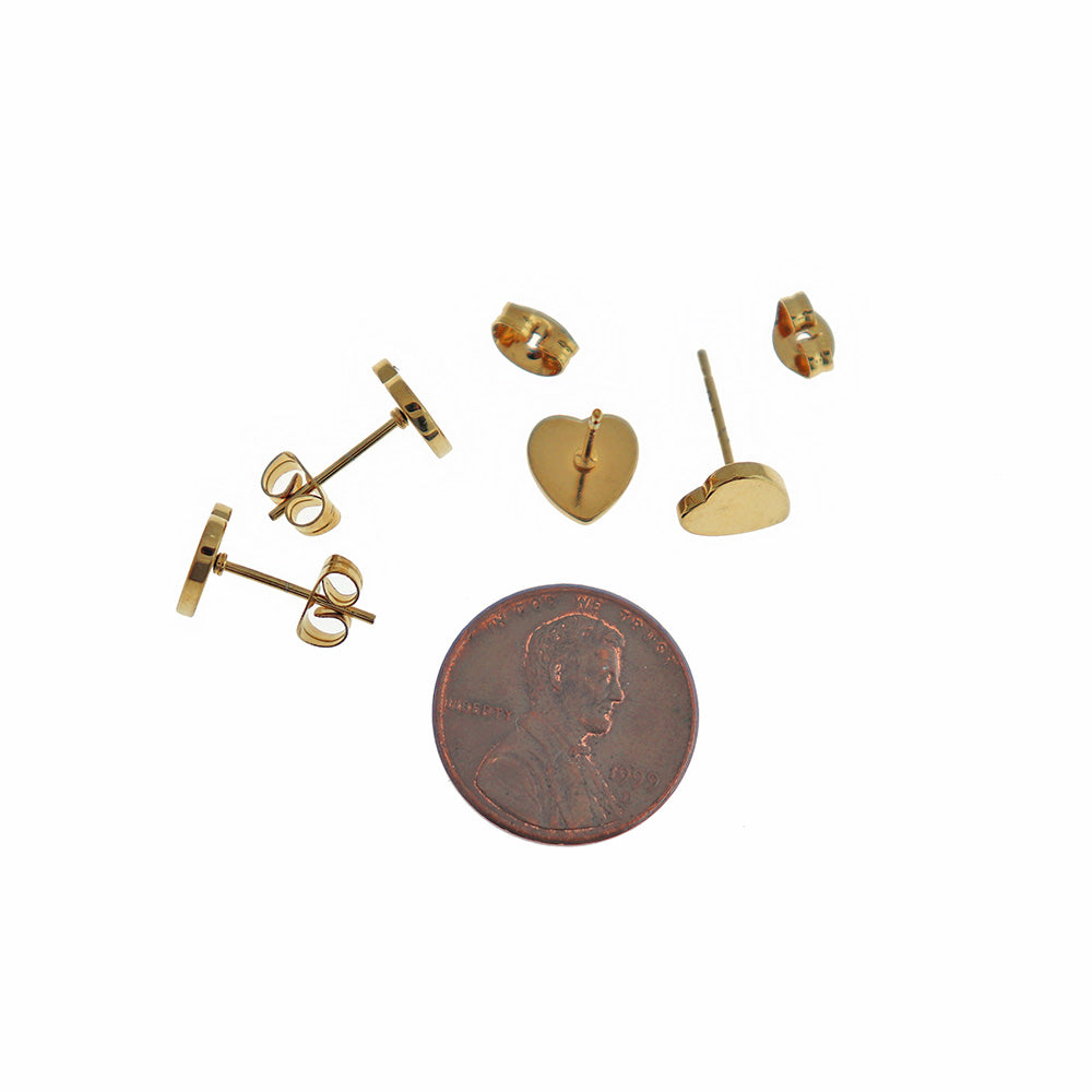 Gold Stainless Steel Earrings - Heart Studs - 8mm x 8mm - 2 Pieces 1 Pair - ER504