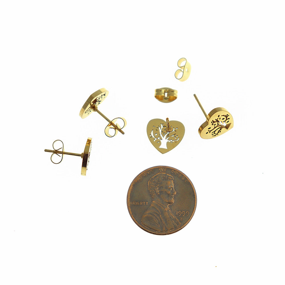 Gold Stainless Steel Earrings - Heart Tree of Life Studs - 11mm x 10mm - 2 Pieces 1 Pair - ER527