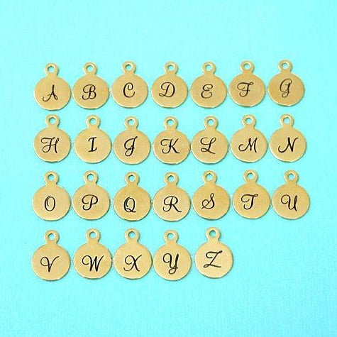 Charmes de lettre en acier inoxydable doré - Choisissez votre initiale et quantité - Alphabet de script majuscule - 13mm avec boucle - ALPHA1500BFSGOLD-IND