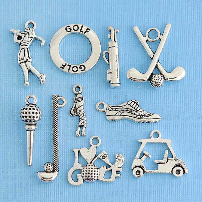 Golf Charm Collection Antique Silver Tone 10 Charms - COL040