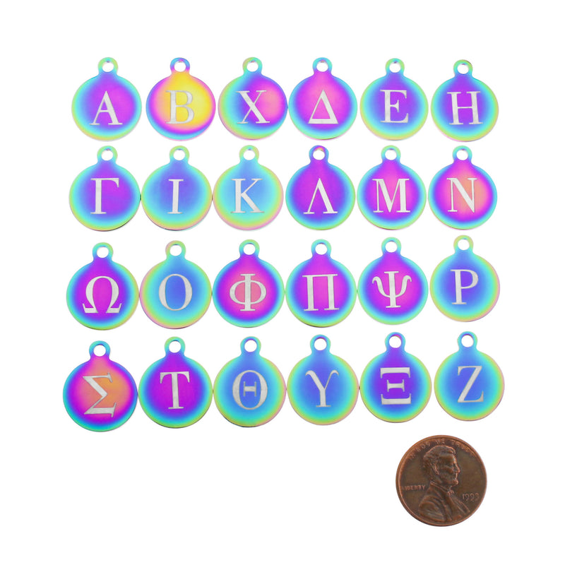 Rainbow Stainless Steel Letter Charms - Choisissez votre initiale et quantité - Lettre grecque Alphabet - Taille plus petite - ALPHA3410BFSRW-IND