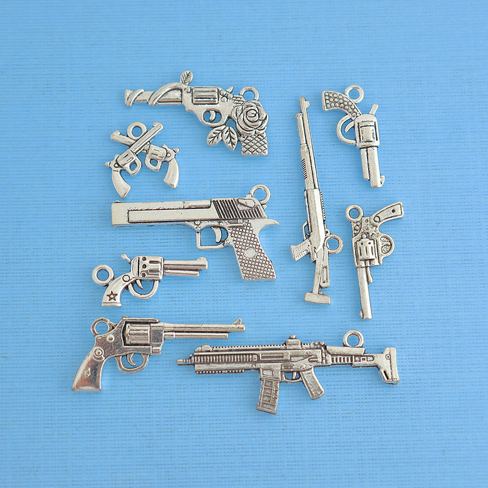 Gun Charm Collection Antique Silver Tone 9 Different Charms - COL133