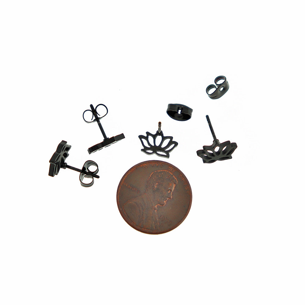 Gunmetal Black Stainless Steel Earrings - Lotus Flower Studs - 10mm x 8mm - 2 Pieces 1 Pair - ER467