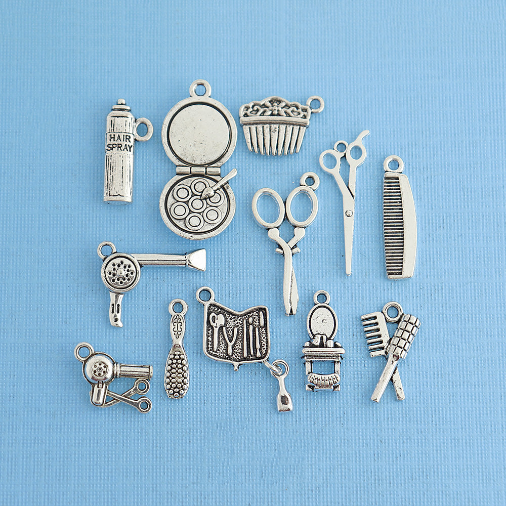 Hair Dresser Charm Collection Antique Silver Tone 12 Different Charms - COL325