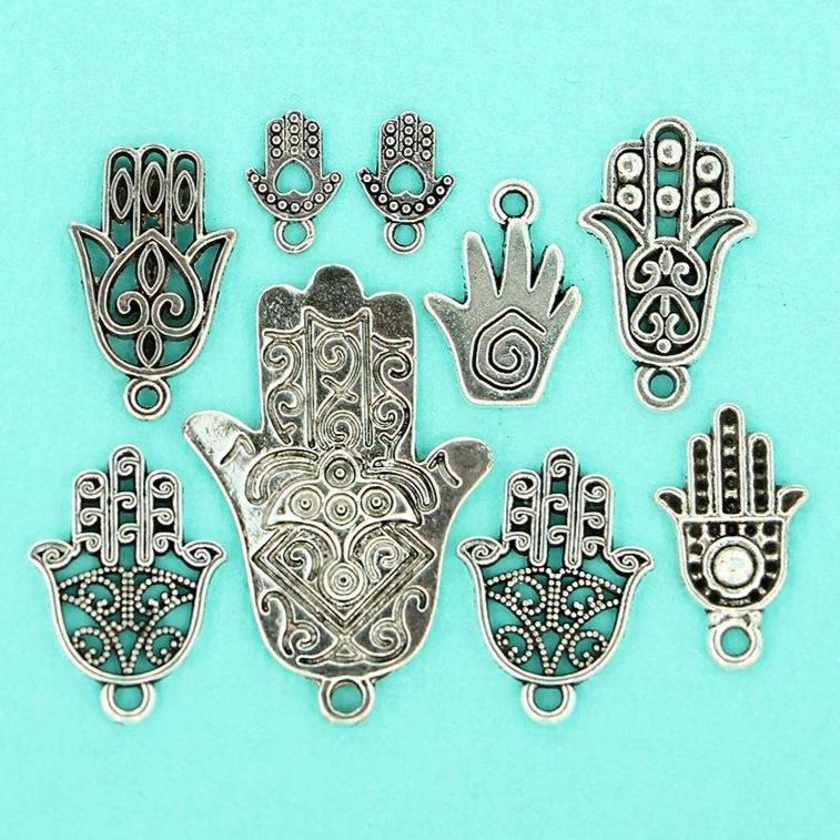 Hamsa Hand Charm Collection Argent antique 9 breloques - COL134