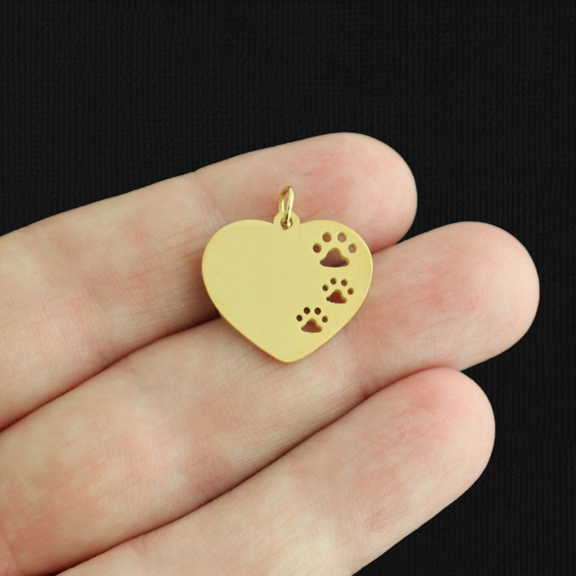 Heart Paw Print Gold Tone Stainless Steel Charm - SSP599
