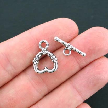 Heart Silver Tone Toggle Clasps 16mm x 12mm - 6 Sets 12 Pieces - SC4557