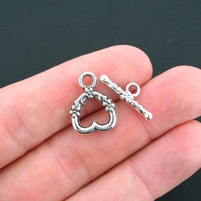 Heart Silver Tone Toggle Clasps 16mm x 12mm - 6 Sets 12 Pieces - SC4557