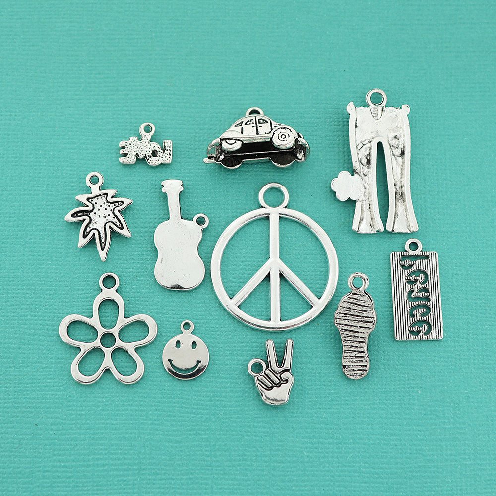Hippie Charm Collection Antique Silver Tone 11 Different Charms - COL057