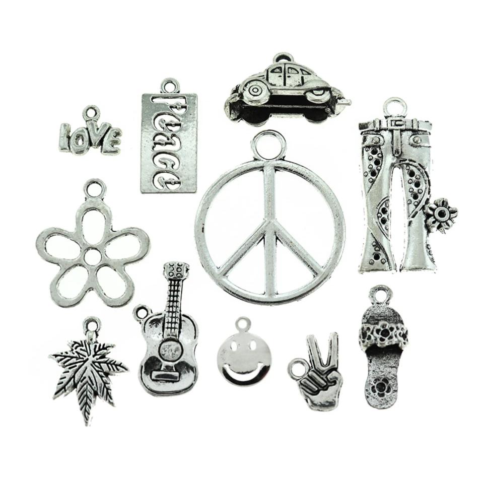 Hippie Charm Collection Antique Silver Tone 11 Different Charms - COL057