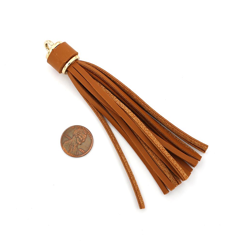 Imitation Leather Tassels - Saddle Brown and Gold Tone - 1 Piece - Z970