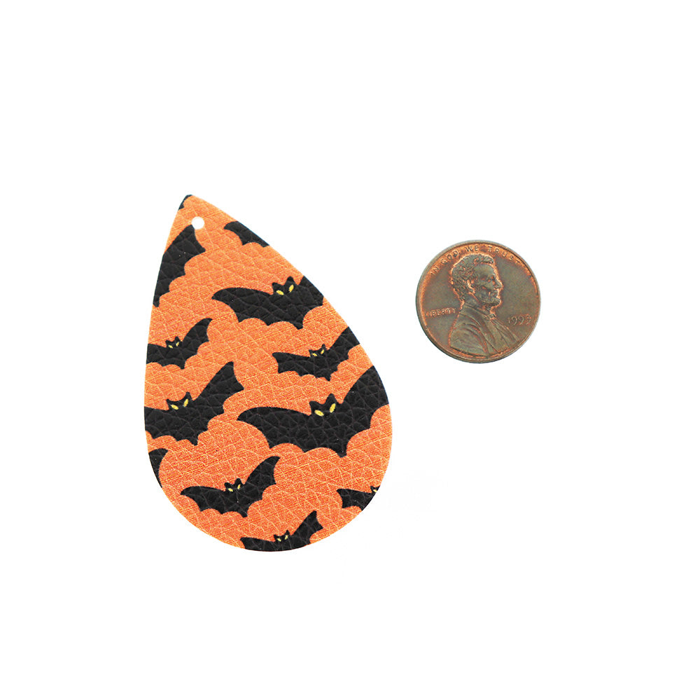 Imitation Leather Teardrop Pendants - Black and Orange Bat - 4 Pieces - LP115