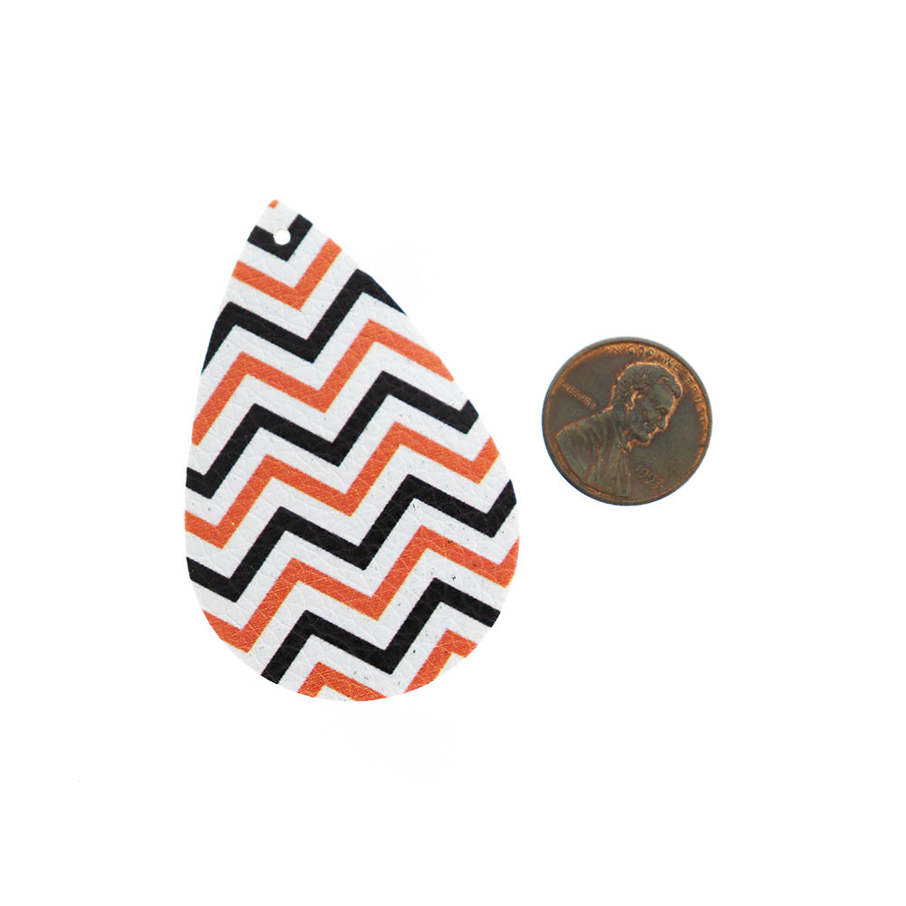 Imitation Leather Teardrop Pendants - Black and Orange Geometric Stripe - 4 Pieces - LP106