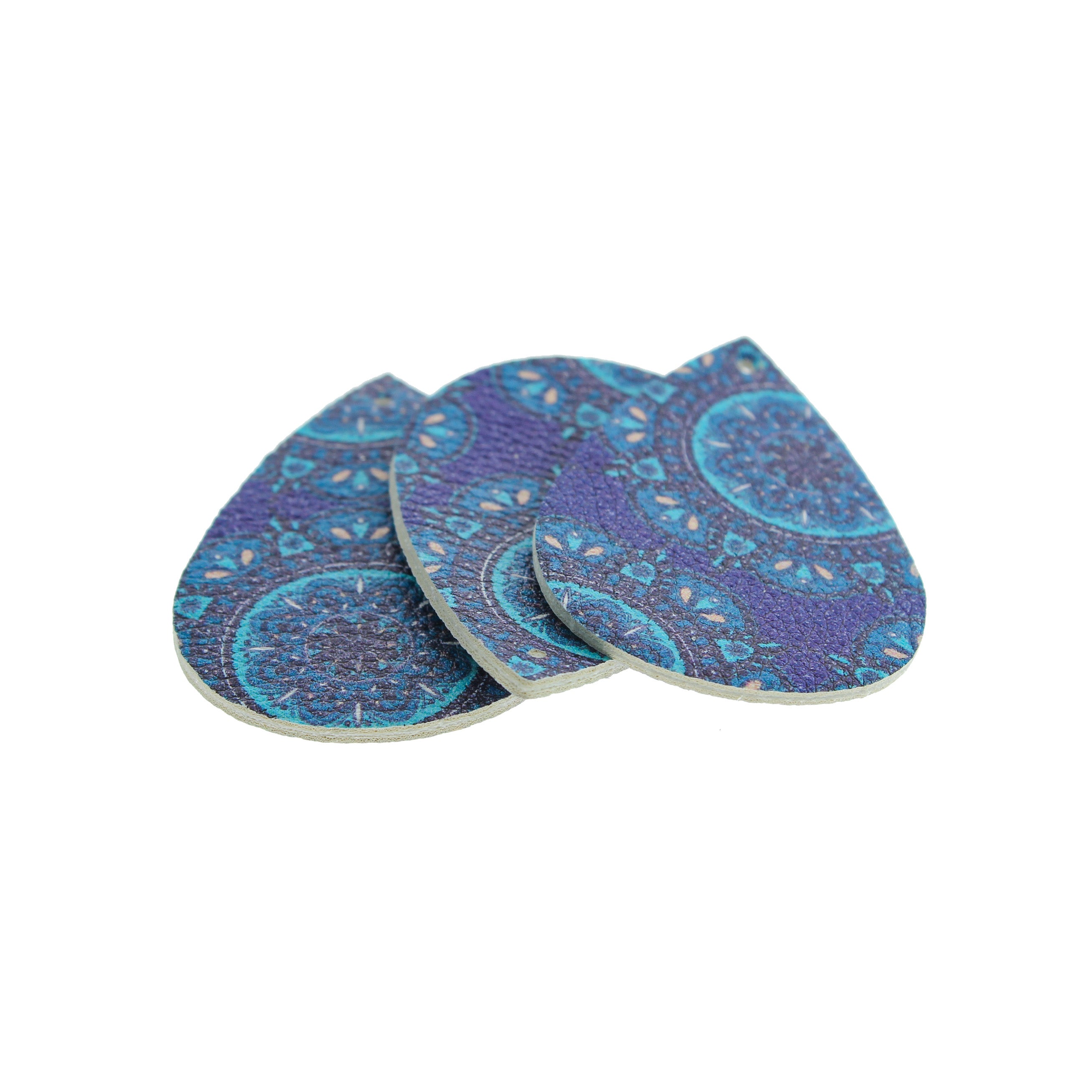 Imitation Leather Teardrop Pendants - Blue Paisley - 4 Pieces - LP120