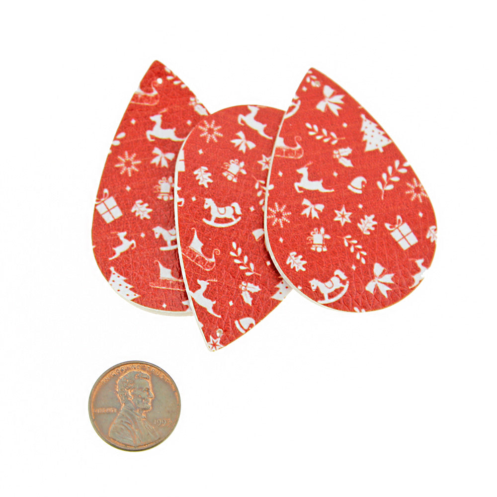 Imitation Leather Teardrop Pendants - Fire Red Christmas - 4 Pieces - LP088