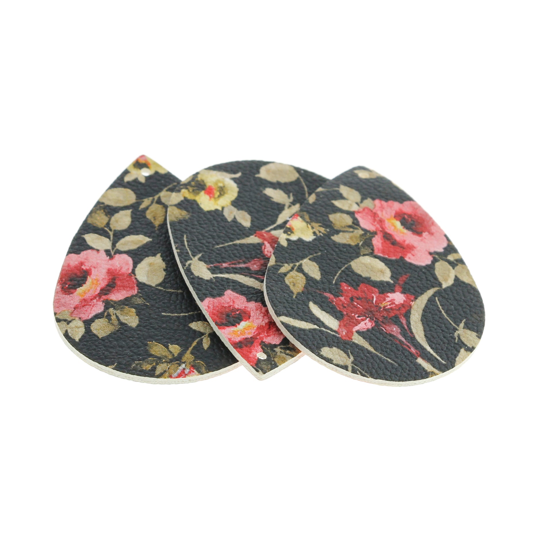 Imitation Leather Teardrop Pendants - Pink Flower - 4 Pieces - LP074