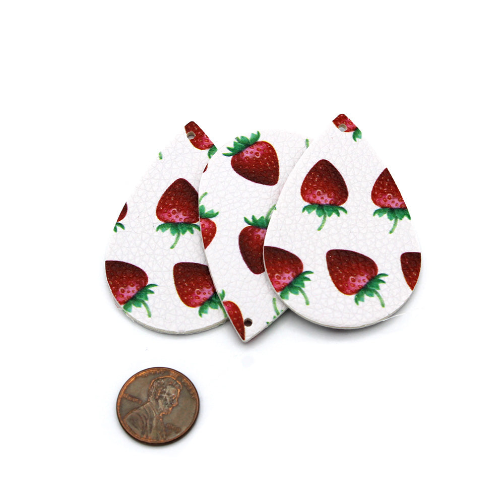 Pendentifs Larme Simili Cuir - Fraises Rouges - 4 Pièces - LP049