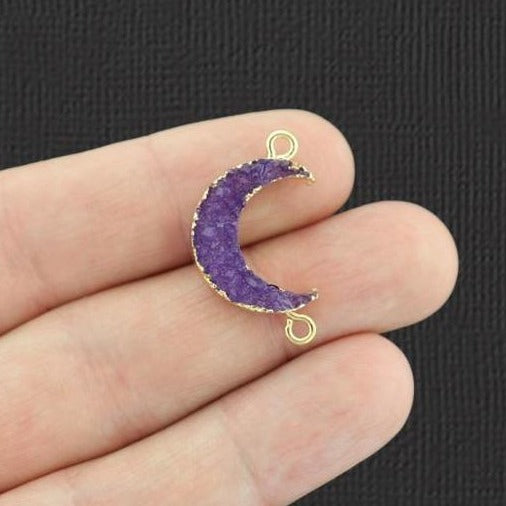 2 Purple Crescent Moon Connector Druzy Gold Tone Resin Charms - K380