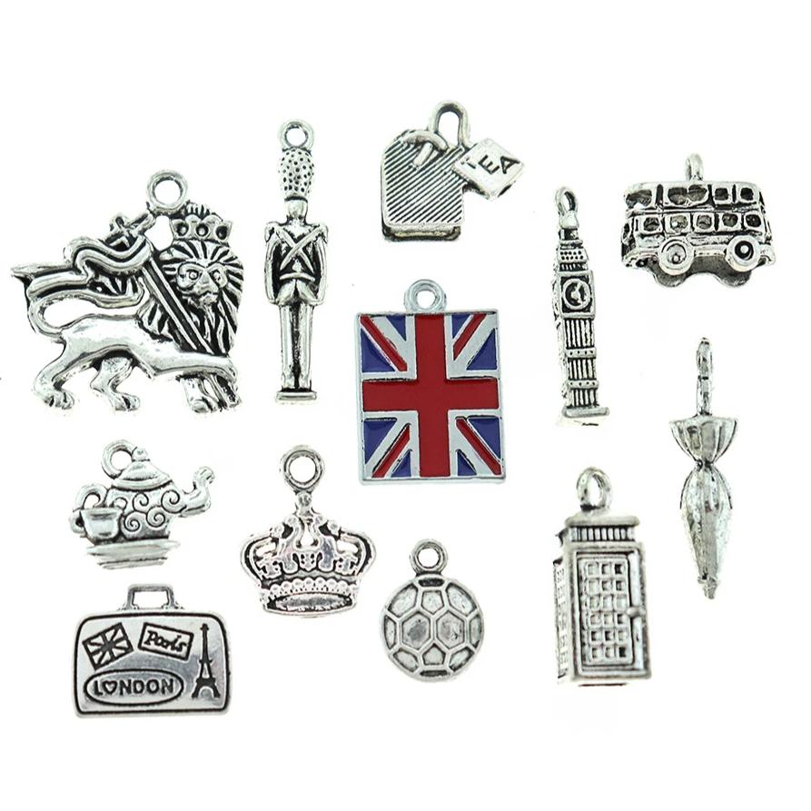 London Charm Collection Ton argent antique 12 breloques différentes - COL194
