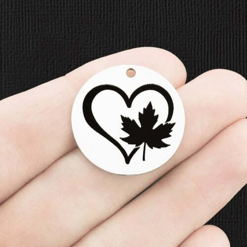 Maple Leaf Heart Stainless Steel 25mm Round Charms - BFS009-6578