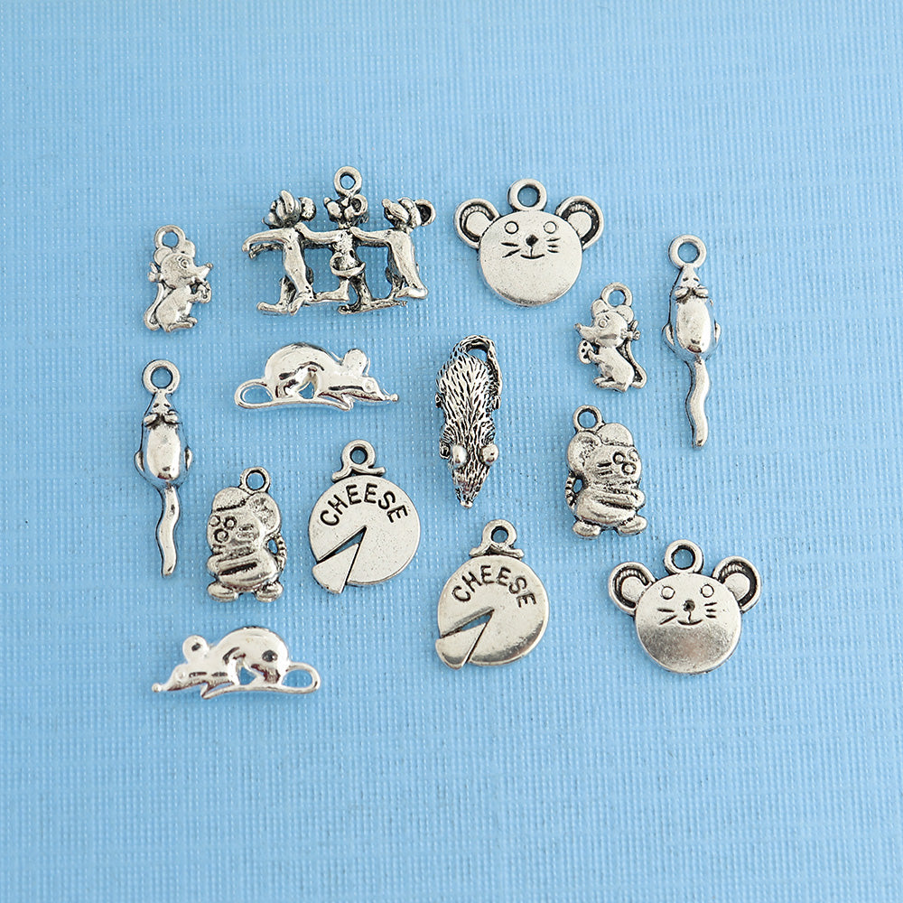 Mouse Charm Collection Antique Silver Tone 14 Charms - COL305