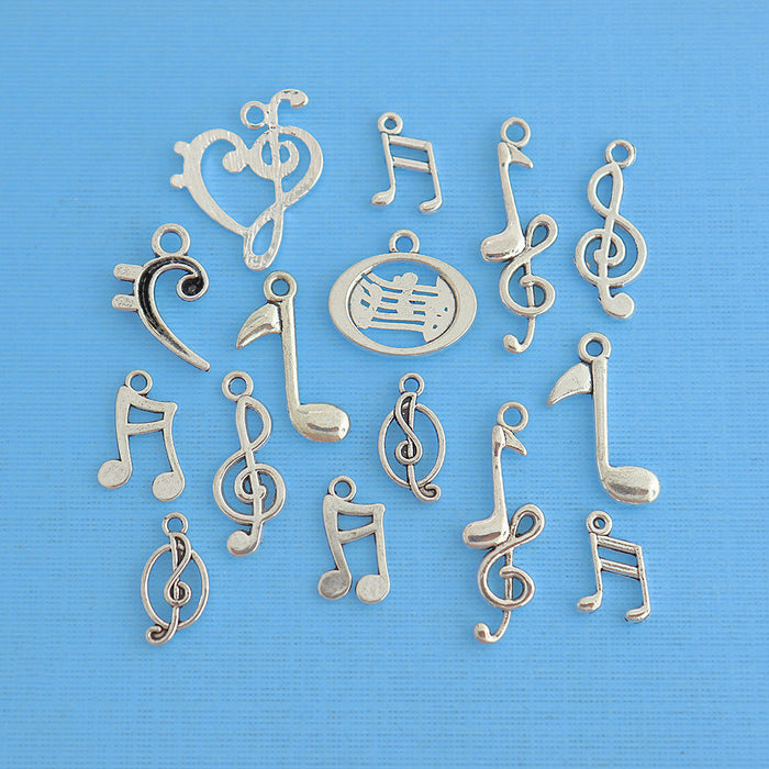 Music Notes Charm Collection Antique Silver Tone 15 Charms - COL268