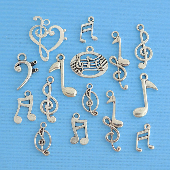 Note Charms Music Notes Charm Collection Antique Silver Tone 15 Charms - COL268