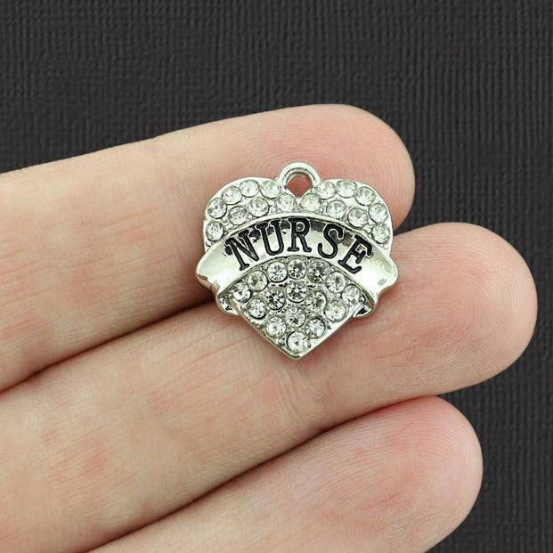 Nurse Heart Antique Silver Tone Charm With Inset Clear Rhinestones - SC3731