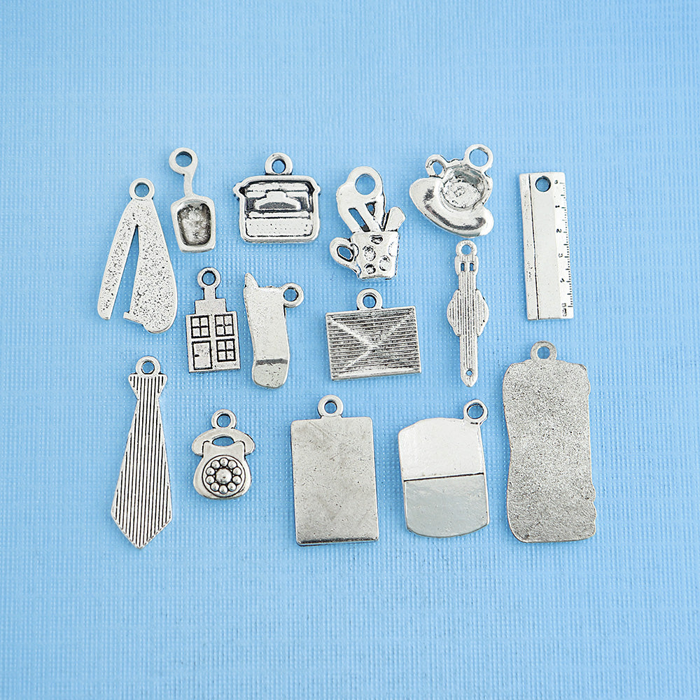Office Charm Collection Antique Silver Tone 15 Charms - COL341