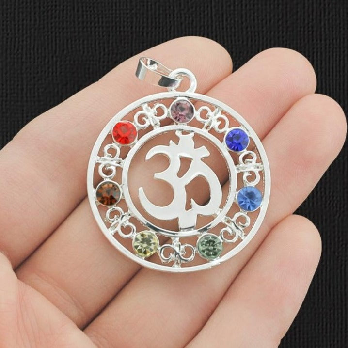 Om Antique Silver Tone Charm with Inset Rhinestones - SC2213