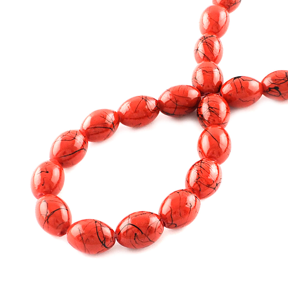 Oval Glass Beads 14mm x 10mm - Ruby Red With Black - 1 Strand 52 Beads - BD1134
