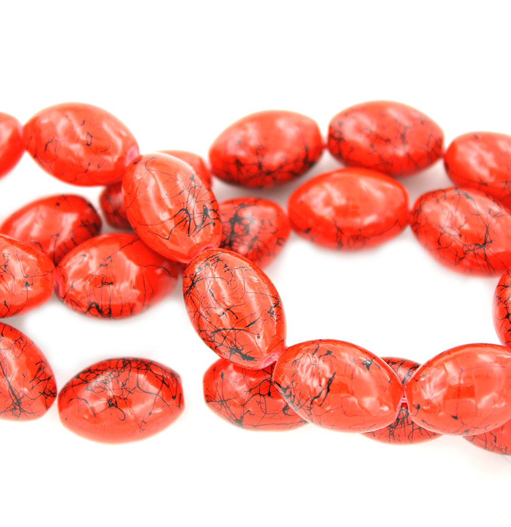 Oval Glass Beads 14mm x 10mm - Ruby Red With Black - 1 Strand 52 Beads - BD1134