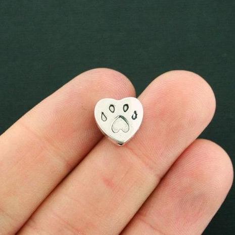 Perles d'espacement de coeur d'empreinte de patte 12mm x 11mm - ton argent - 10 perles - SC7581