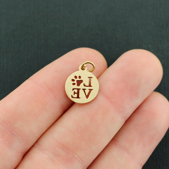 Paw Print Love Gold Tone Stainless Steel Charms with Attached Jump Ring - FD726