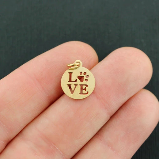 Paw Print Love Gold Tone Stainless Steel Charms with Attached Jump Ring - FD726