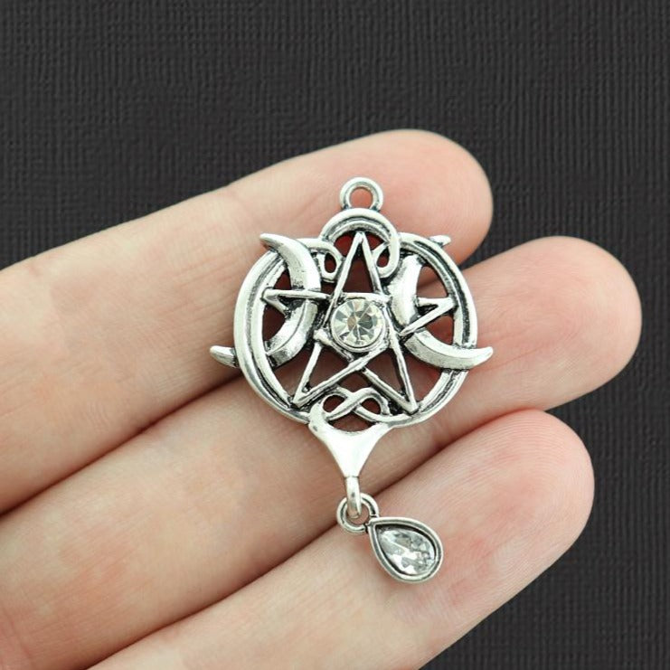 Pentagram Crescent Moon Antique Silver Tone Charms With Dangle Rhinestone - SC2402