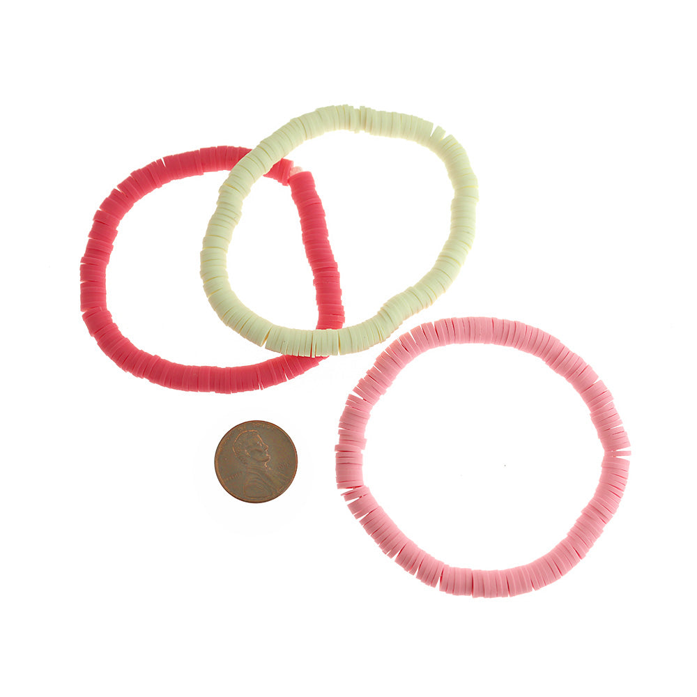 Bracelets Perlés en Pâte Polymère - Tons Roses Assortis - 55mm - 7 Bracelets - BB055