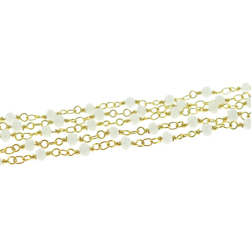 BULK Beaded Rosary Chain - 4mm White Glass & Gold Tone Brass - Choose Your Length - 1 meter + - RC001
