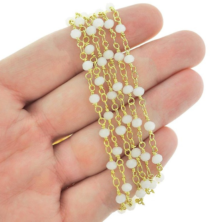 BULK Beaded Rosary Chain - 4mm White Glass & Gold Tone Brass - Choose Your Length - 1 meter + - RC001