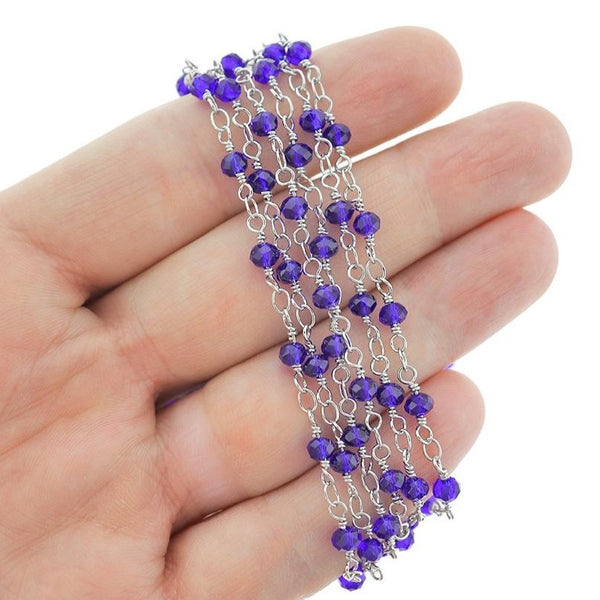 BULK Beaded Rosary Chain - 4mm Blue Glass & Silver Tone Brass - Choose Your Length - 1 meter + - RC002