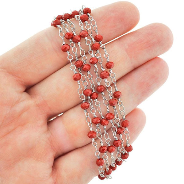 BULK Beaded Rosary Chain - 4mm Red Glass & Silver Tone Brass - Choose Your Length - 1 meter + - RC004