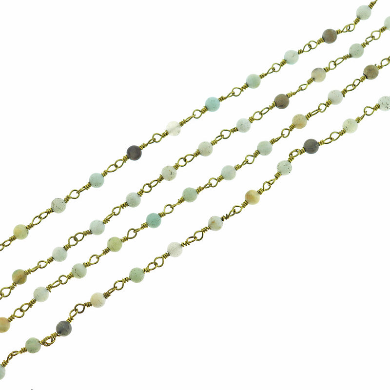 BULK Beaded Rosary Chain - 4mm Natural Amazonite & Gold Tone Brass - Choose Your Length - 1 meter + - RC007