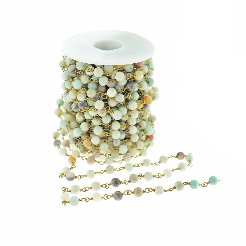 BULK Beaded Rosary Chain - 6mm Natural Amazonite & Gold Tone Brass - Choose Your Length - 1 meter + - RC008