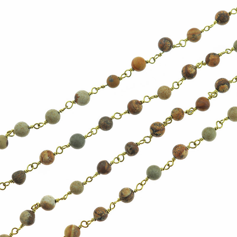 BULK Beaded Rosary Chain - 6mm Natural Picture Jasper & Gold Tone Brass - 1 meter - RC009
