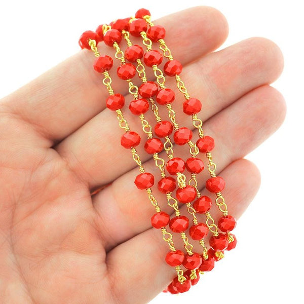 BULK Beaded Rosary Chain - 6mm Red Glass & Gold Tone Brass - 1 meter - RC010
