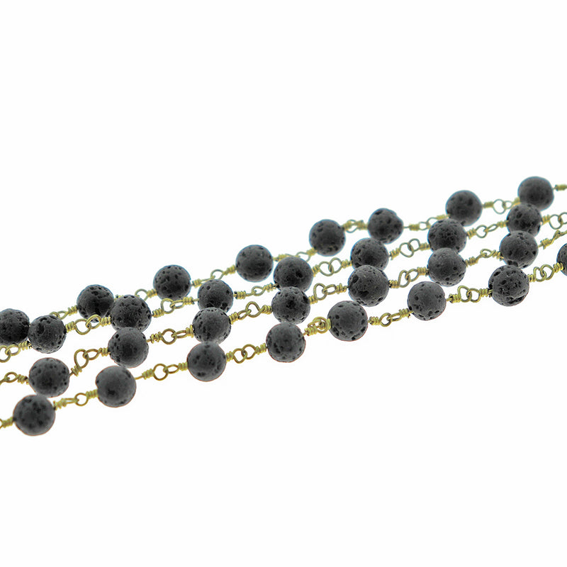 BULK Beaded Rosary Chain - 6mm Natural Lava Rock & Gold Tone Brass - Choose Your Length - 1 meter + - RC016