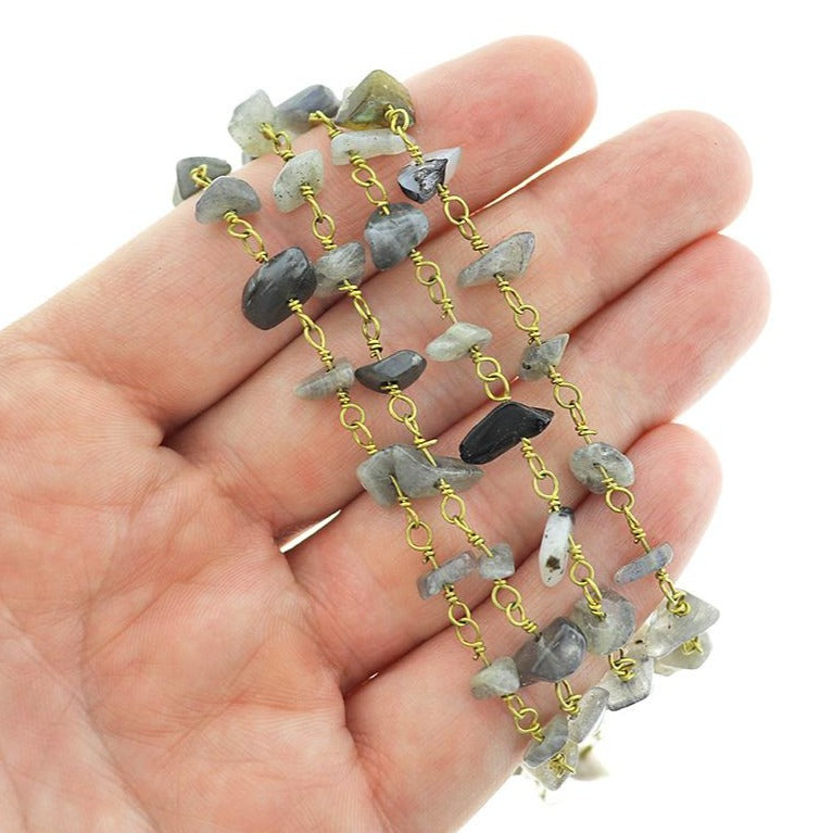 BULK Beaded Rosary Chain - 5-10mm Natural Labradorite & Gold Tone Brass - Choose Your Length - 1 meter + - RC018