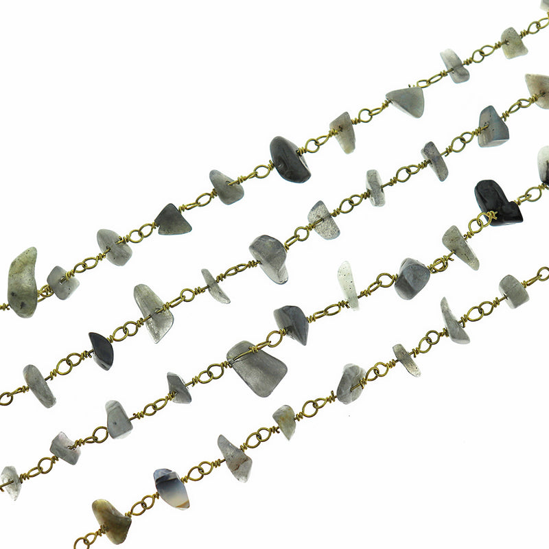 BULK Beaded Rosary Chain - 5-10mm Natural Labradorite & Gold Tone Brass - Choose Your Length - 1 meter + - RC018