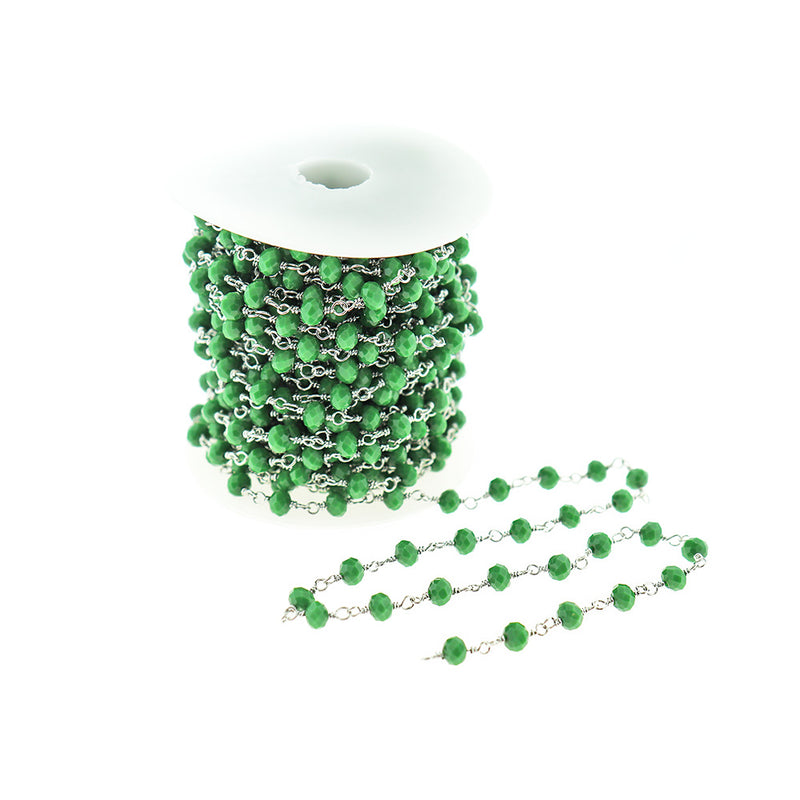 Chaîne de chapelet perlée BULK - Verre vert 6 mm - Laiton argenté - Choisissez votre longueur - 1 mètre + - RC019