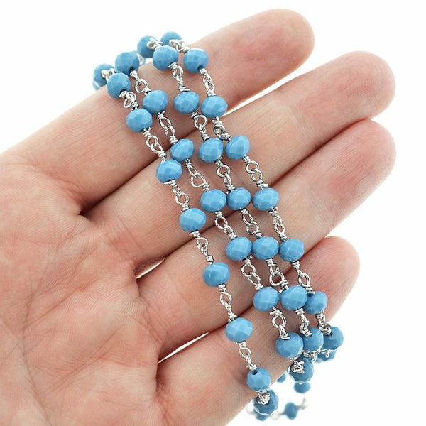 BULK Beaded Rosary Chain - 6mm Blue Glass & Silver Tone Brass - Choose Your Length - 1 meter + - RC020